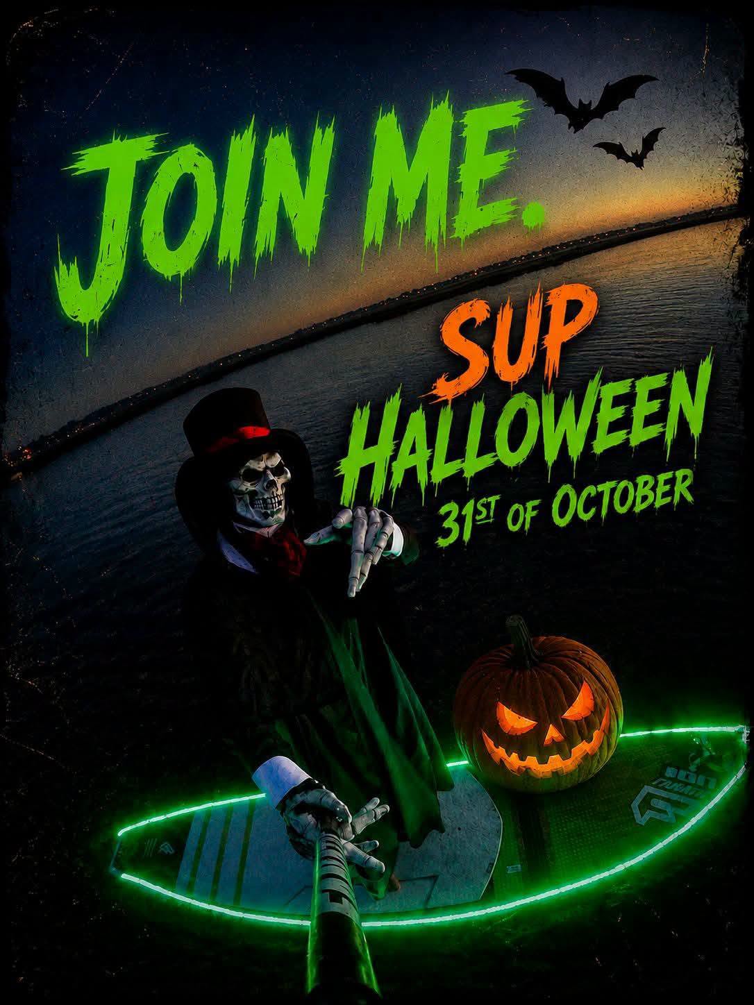 SUP Halloween poster – a skeleton in a top hat on a glowing paddleboard with a jack-o'-lantern, 31st of October